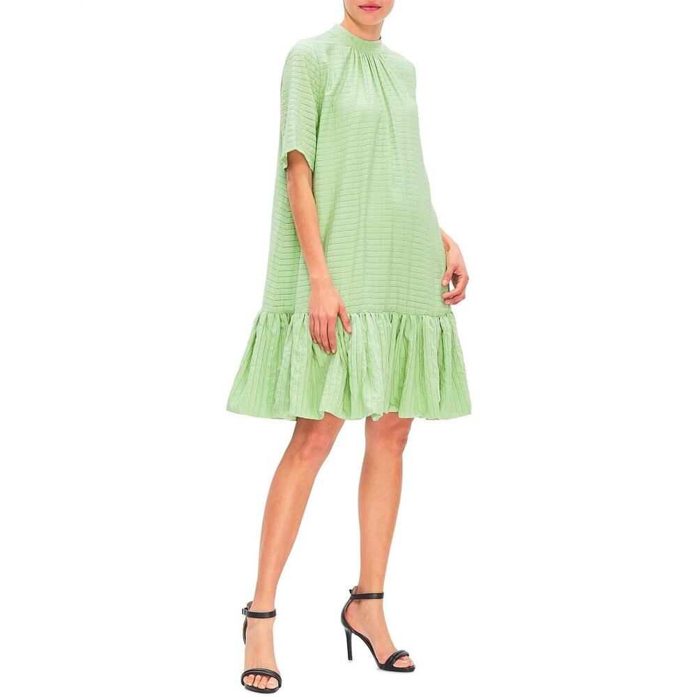 Stine Goya Wendy Sage Green Stripe Ruffle Hem Short Sleeve Dress Size XS